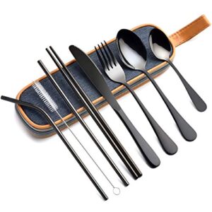 EvaCrocK Travel Utensils with case | 9-Piece Reusable Utensils, Stainless Steel Portable Silverware Travel Cutlery set, Camping Flatware Utensil sets for Lunch [9 Piece Black]