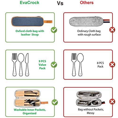 EvaCrocK Travel Utensils with case | 9-Piece Reusable Utensils, Stainless Steel Portable Silverware Travel Cutlery set, Camping Flatware Utensil sets for Lunch [9 Piece Black]