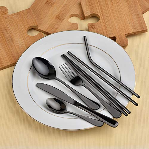 EvaCrocK Travel Utensils with case | 9-Piece Reusable Utensils, Stainless Steel Portable Silverware Travel Cutlery set, Camping Flatware Utensil sets for Lunch [9 Piece Black]