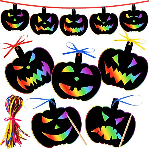 Outus 48 Pieces Halloween Scratch Paper Halloween Ornaments Craft Colorful Scratch Craft Art Rainbow Halloween Decor with 12 Wooden Sticks and 48 Colorful Ribbons for Kids Church Classroom (Pumpkin)