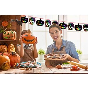 Outus 48 Pieces Halloween Scratch Paper Halloween Ornaments Craft Colorful Scratch Craft Art Rainbow Halloween Decor with 12 Wooden Sticks and 48 Colorful Ribbons for Kids Church Classroom (Pumpkin)