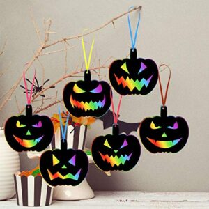 Outus 48 Pieces Halloween Scratch Paper Halloween Ornaments Craft Colorful Scratch Craft Art Rainbow Halloween Decor with 12 Wooden Sticks and 48 Colorful Ribbons for Kids Church Classroom (Pumpkin)