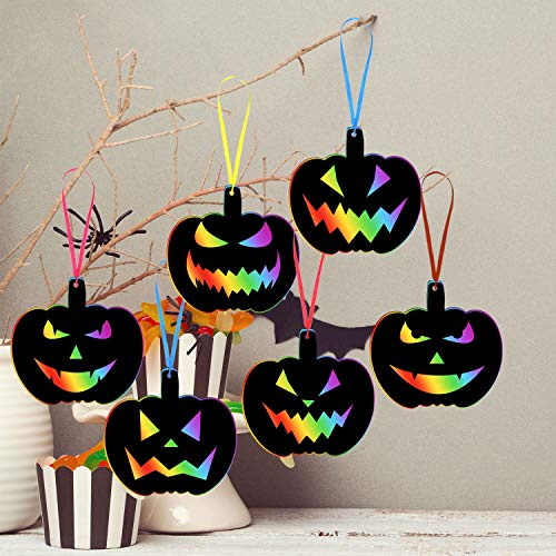 Outus 48 Pieces Halloween Scratch Paper Halloween Ornaments Craft Colorful Scratch Craft Art Rainbow Halloween Decor with 12 Wooden Sticks and 48 Colorful Ribbons for Kids Church Classroom (Pumpkin)