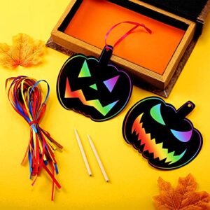 Outus 48 Pieces Halloween Scratch Paper Halloween Ornaments Craft Colorful Scratch Craft Art Rainbow Halloween Decor with 12 Wooden Sticks and 48 Colorful Ribbons for Kids Church Classroom (Pumpkin)