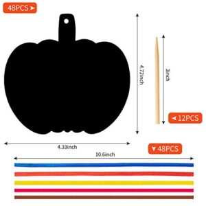 Outus 48 Pieces Halloween Scratch Paper Halloween Ornaments Craft Colorful Scratch Craft Art Rainbow Halloween Decor with 12 Wooden Sticks and 48 Colorful Ribbons for Kids Church Classroom (Pumpkin)