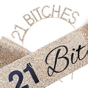 "I'm 21 Bitches!" Sash & Rhinestone Headband Set - 21st Birthday Gifts Birthday Sash for Women Birthday Party Supplies (Gold Glitter/Black)