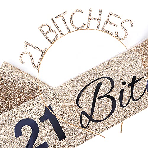 "I'm 21 Bitches!" Sash & Rhinestone Headband Set - 21st Birthday Gifts Birthday Sash for Women Birthday Party Supplies (Gold Glitter/Black)