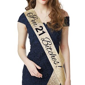 "I'm 21 Bitches!" Sash & Rhinestone Headband Set - 21st Birthday Gifts Birthday Sash for Women Birthday Party Supplies (Gold Glitter/Black)