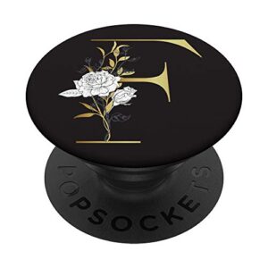 initial f monogram chic black background floral letter f popsockets grip and stand for phones and tablets