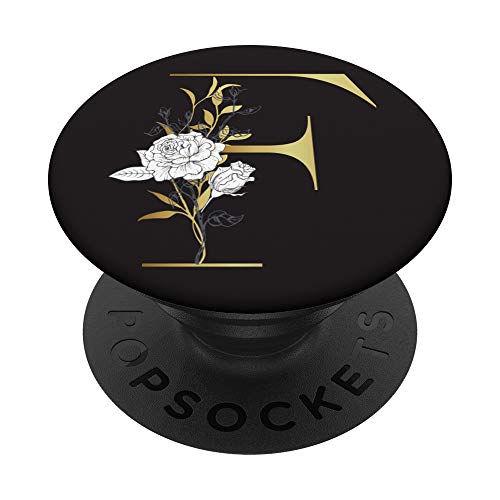 Initial F Monogram Chic Black Background Floral Letter F PopSockets Grip and Stand for Phones and Tablets