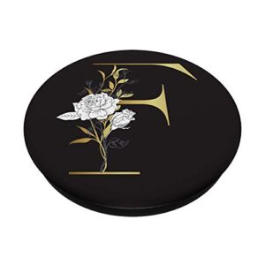 Initial F Monogram Chic Black Background Floral Letter F PopSockets Grip and Stand for Phones and Tablets