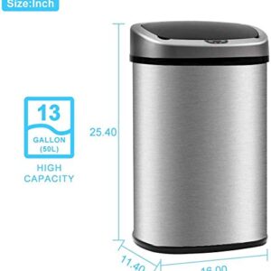 13 Gallon Kitchen Trash Can High-Capacity Brushed Stainless Steel Touch Free Garbage Can with Motion-Sensing Lid Automatic Trash Bin for Bedroom Bathroom Home Office 50 Liter