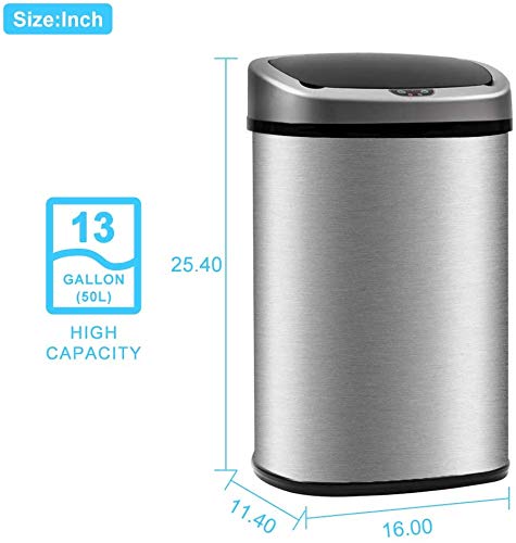 13 Gallon Kitchen Trash Can High-Capacity Brushed Stainless Steel Touch Free Garbage Can with Motion-Sensing Lid Automatic Trash Bin for Bedroom Bathroom Home Office 50 Liter