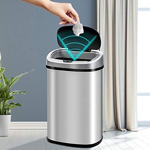 13 Gallon Kitchen Trash Can High-Capacity Brushed Stainless Steel Touch Free Garbage Can with Motion-Sensing Lid Automatic Trash Bin for Bedroom Bathroom Home Office 50 Liter