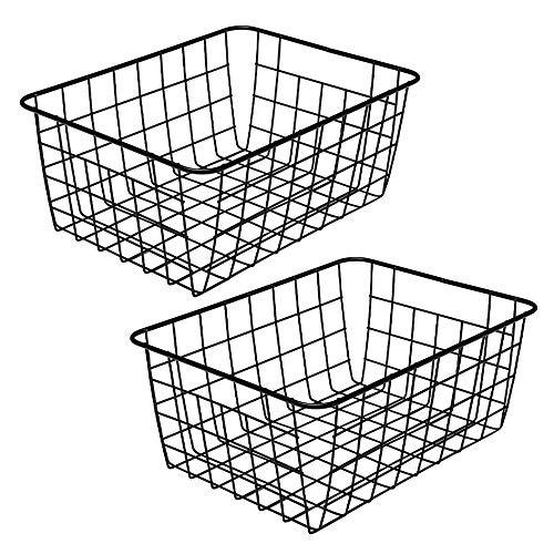 LeleCAT Black Wire Storage Baskets, Metal Household Storage Organizer for Kitchen，Pantry, Shelf, Freezer, Bathroom，Black 2 Pack