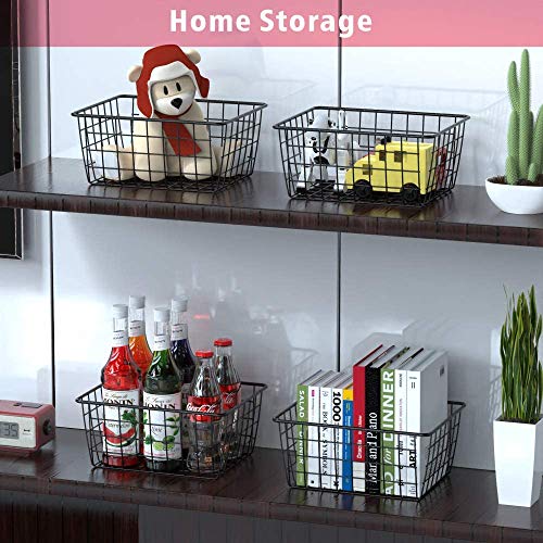 LeleCAT Black Wire Storage Baskets, Metal Household Storage Organizer for Kitchen，Pantry, Shelf, Freezer, Bathroom，Black 2 Pack