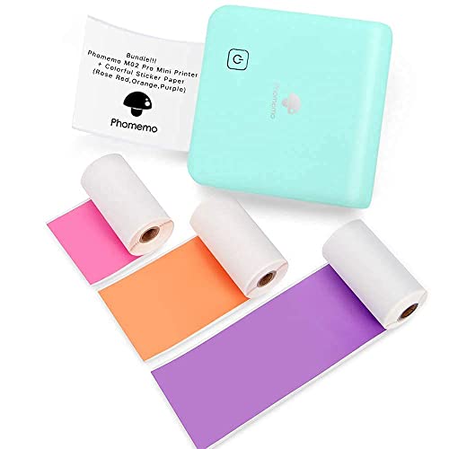 Phomemo M02 Pro Mini Printer- Bluetooth Thermal Photo Printer with 3 Rolls Colorful Sticker Paper, Compatible with iOS + Android for Plan Journal, Study Notes, Art Creation, Work, Gift, Cyan