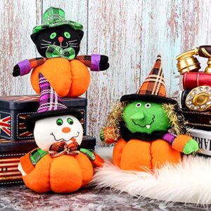 3 pieces halloween plush toys set, pumpkin stuffed figurines witch, black cat, snowman for halloween decorations, 9.5 x 4.7 inch