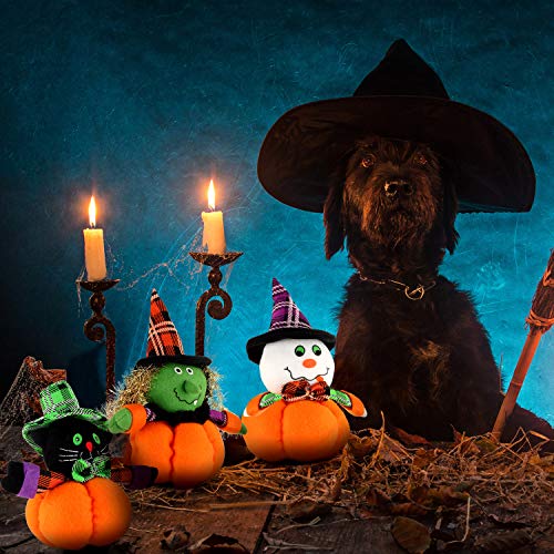 3 Pieces Halloween Plush Toys Set, Pumpkin Stuffed Figurines Witch, Black Cat, Snowman for Halloween Decorations, 9.5 x 4.7 Inch