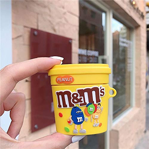 Cute Silicone Yellow M Beans Chocolate Peanut Case Compatible with Airpods1 and Airpod2 Headphones Cover with a Cute Yellow M Bean Keychian for Girls