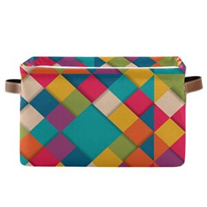 senya large foldable storage bin, vintage multicolor squares fabric storage basket organizer bag with handles 15 x 11 x 9.5 inch