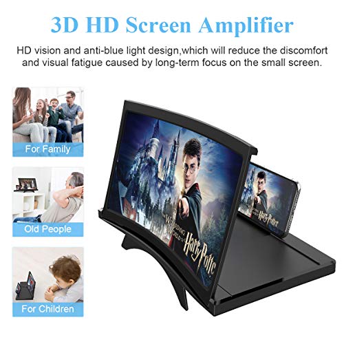 12" Curve Screen Magnifier –3D HD Mobile Phone Magnifier Projector Screen for Movies, Videos, and Gaming–Foldable Phone Stand with Screen Amplifier–Supports All Smartphones (Black)