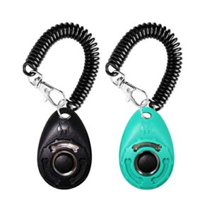 oyefly dog training clicker with wrist strap durable lightweight easy to use, pet training clicker for cats puppy birds horses. perfect for behavioral training 2-pack (black and water lake blue)