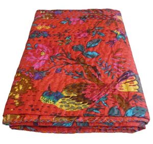 maviss homes indian handmade bird print queen kantha quilt | pure cotton vintage kantha throw blanket/quilt | super soft cozy vibe blanket; red