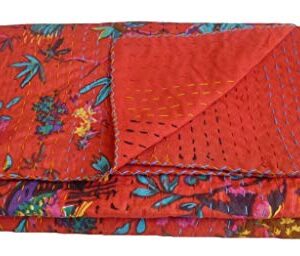 MAVISS HOMES Indian Handmade Bird Print Queen Kantha Quilt | Pure Cotton Vintage Kantha Throw Blanket/Quilt | Super Soft Cozy Vibe Blanket; Red