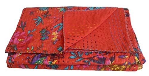 MAVISS HOMES Indian Handmade Bird Print Queen Kantha Quilt | Pure Cotton Vintage Kantha Throw Blanket/Quilt | Super Soft Cozy Vibe Blanket; Red