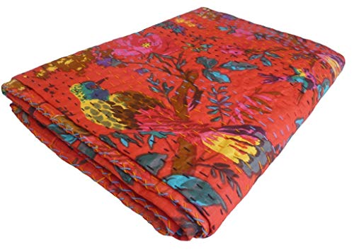 MAVISS HOMES Indian Handmade Bird Print Queen Kantha Quilt | Pure Cotton Vintage Kantha Throw Blanket/Quilt | Super Soft Cozy Vibe Blanket; Red