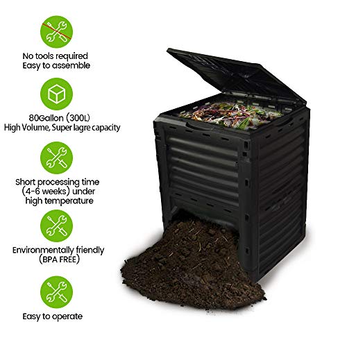 Garden Compost Bin from BPA Free Material, 80 Gallon(300 L), Easy Assembling, Large Capacity, Fast Creation of Fertile Soil (Black)