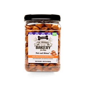 three dog bakery crunchy pet-zel bites with peanut butter filling, premium treats for dogs, 24 ounce resealable container