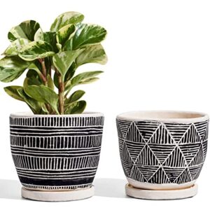 LE TAUCI Cement Planters Pots for Indoor Plants, 5.5 Inch Boho Plant Pots with Drainage Holes & Saucers, Decorative Succulent Pots Indoor, Bonsai Pots, Unglazed, Set of 2