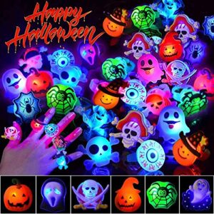 50 pack halloween led glow ring for kids, the dark birthday party supplies prizes classroom led halloween christmas light up toys flash finger rubber rings 10 shape ghost pumpkin skeleton spider bat