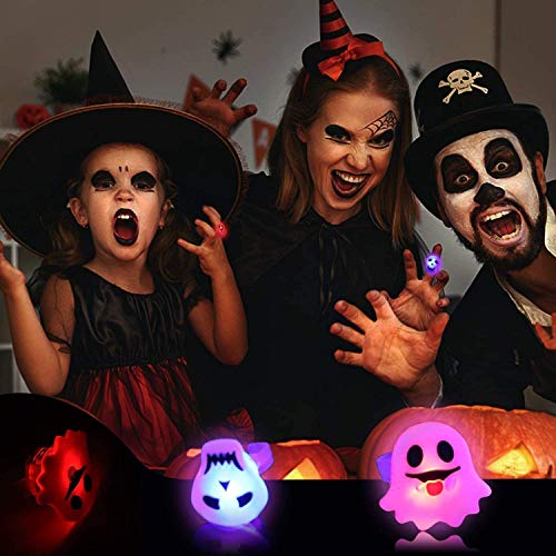 50 Pack Halloween LED Glow Ring for Kids, The Dark Birthday Party Supplies Prizes Classroom LED Halloween Christmas Light up Toys Flash Finger Rubber Rings 10 Shape Ghost Pumpkin Skeleton Spider Bat