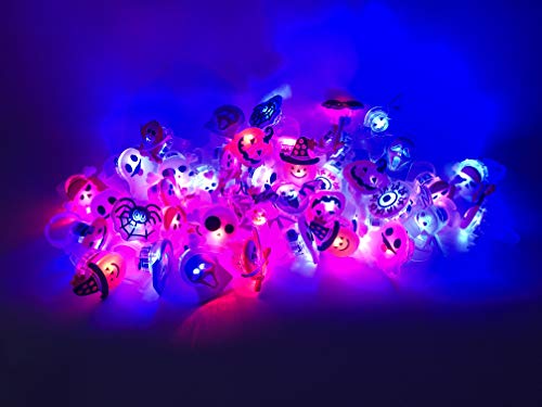 50 Pack Halloween LED Glow Ring for Kids, The Dark Birthday Party Supplies Prizes Classroom LED Halloween Christmas Light up Toys Flash Finger Rubber Rings 10 Shape Ghost Pumpkin Skeleton Spider Bat