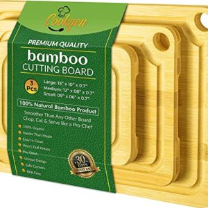 Bamboo Cutting Board Set of 3, Cutting Boards in Large, Medium & Small Size, Organic Wooden Cutting Boards for Kitchen, Vegetable & Meat Cutting Board, Cutting Board With Juice Groove & Handles