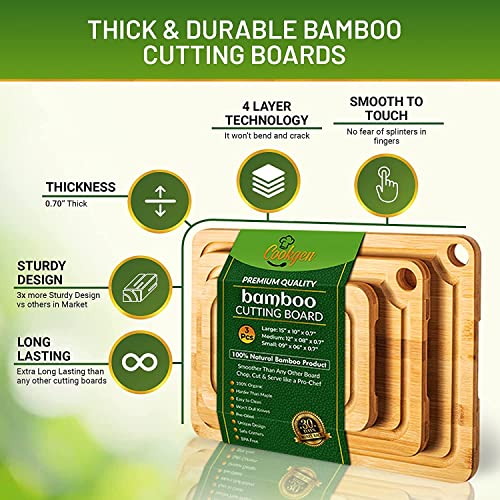 Bamboo Cutting Board Set of 3, Cutting Boards in Large, Medium & Small Size, Organic Wooden Cutting Boards for Kitchen, Vegetable & Meat Cutting Board, Cutting Board With Juice Groove & Handles