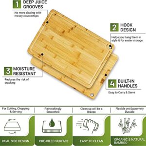 Bamboo Cutting Board Set of 3, Cutting Boards in Large, Medium & Small Size, Organic Wooden Cutting Boards for Kitchen, Vegetable & Meat Cutting Board, Cutting Board With Juice Groove & Handles