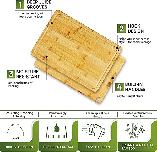 Bamboo Cutting Board Set of 3, Cutting Boards in Large, Medium & Small Size, Organic Wooden Cutting Boards for Kitchen, Vegetable & Meat Cutting Board, Cutting Board With Juice Groove & Handles