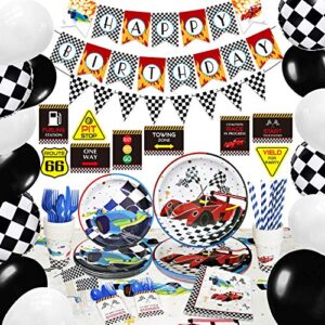 naiwoxi race car birthday party supplies - race car party decorations for boy, banner tablecloths car party sign plates napkins cups balloons toppers cutlery bags straws tableware utensils | serves 16