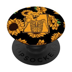 black base skeleton sunflower pattern skull drinking coffee popsockets popgrip: swappable grip for phones & tablets