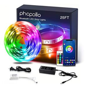 phopollo led strip light, 25ft led light strips with remote & app,music sync mode with mic, smart flexible12v led lights for bedroom ceiling, party,stairs.