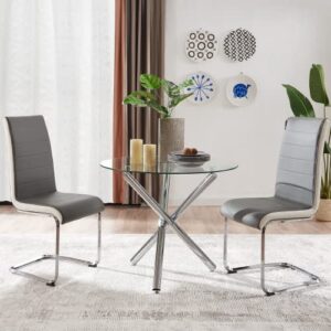 modern dining table set for 2 person,3 pieces kitchen dining room sets with glass round table top,chrome legs + 2 grey with white side,faux leather high back dining room chairs set for home office