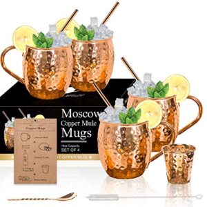 moscow mule copper mugs - set of 4-100% handcrafted solid copper mugs, gift set with 4 copper straws, 1 stirring spoon, 1 copper shot glass, 1 straw cleaning brush.
