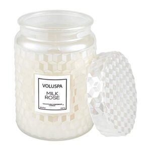 voluspa milk rose large jar candle | 18 oz | all natural wicks and coconut wax for clean burning