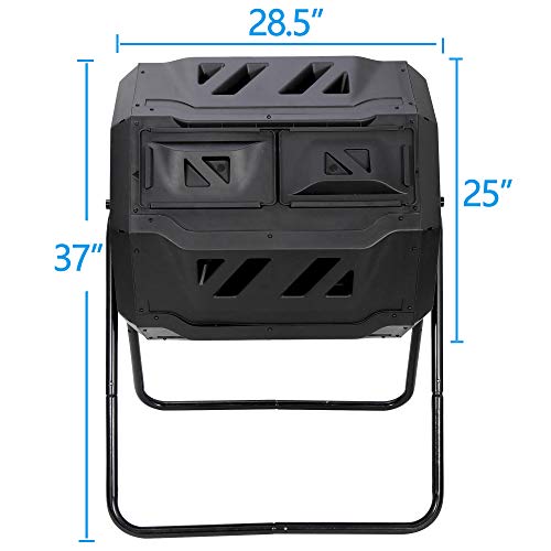 SUPER DEAL 43 Gallon Tumbling Composting Bin BPA Free Dual Chambers Composter 360° Rotation for Outdoor Garden, Yard, Large Black