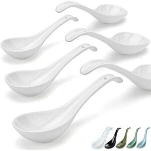 Artena Bright White 6.75 inch Asian Soup Spoons Set of 6, Ultra-fine Porcelain Tablespoon, Chinese/Japanese Kitchen Soup Spoons for Cereal, Small Spoons for Ramen Pho - Deep Oval Hook Design