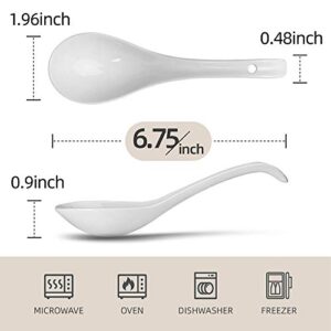 Artena Bright White 6.75 inch Asian Soup Spoons Set of 6, Ultra-fine Porcelain Tablespoon, Chinese/Japanese Kitchen Soup Spoons for Cereal, Small Spoons for Ramen Pho - Deep Oval Hook Design